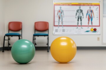 Therapy room with resistance bands, exercise ball, and anatomy chart for rehab in an organized environment.