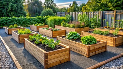 Modern vegetable garden featuring raised wooden beds , raised beds, gardening, vegetables, wooden, modern