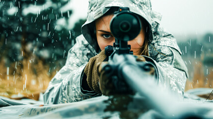 Sniper Aiming Through Scope in Rain..