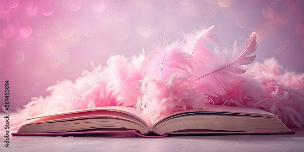 Sticker Pink fluffy feather wings gently embracing an open book against a dreamy pink background, feathers, wings, pink, fluffy