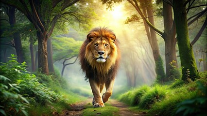 Majestic lion walking through a lush green forest , Lion, majestic, walking, lush, green, forest, wild, animal