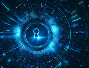 ector blue background with binary code and keyhole, security concept, tech style, black background,