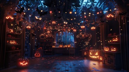 Step into an anime-themed Halloween wonderland a room festooned with eerie cobwebs, flitting bats, and warmly illuminated jack-o'-lanterns.