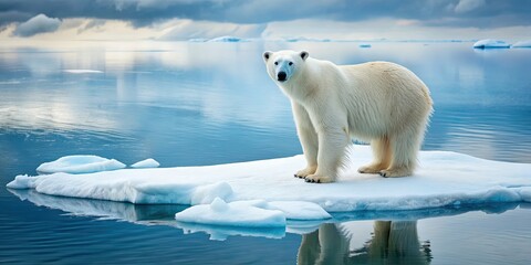 Polar bear stranded on a melting ice floe , endangered species, climate change, arctic