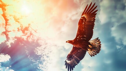 Fototapeta premium Majestic eagle flies through a vibrant sky with radiant sunlight and clouds, symbolizing freedom and power.
