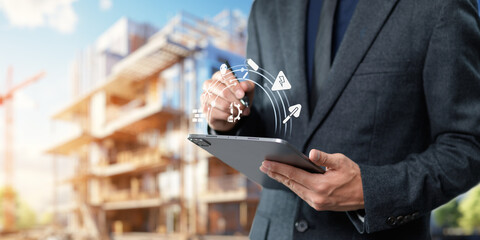 Engineer concept. Construction with machine icons or construction technology.