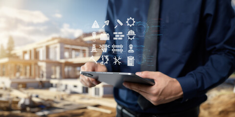 Engineer concept. Construction with machine icons or construction technology.