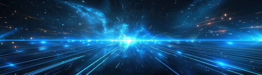 Obraz premium Futuristic Space Travel Concept with Speeding Light Trails and Starry Galaxy Background