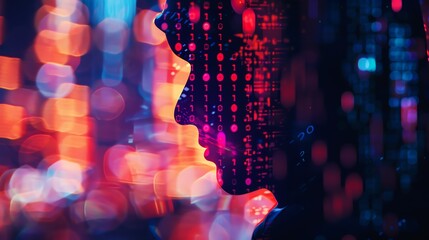 Silhouette of a human profile against a vibrant background of binary code and colorful bokeh lights, illustrating technology and data.