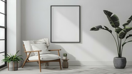 Blank picture frame mockup on white wall in a living room