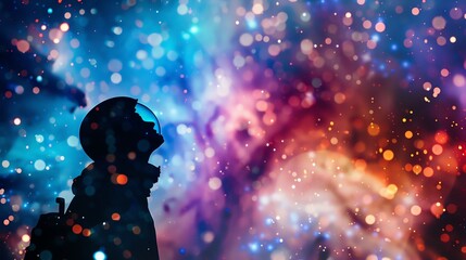 Silhouette of an astronaut gazing at a multicolored galaxy with stars and cosmic lights, evoking a sense of wonder and exploration in space.