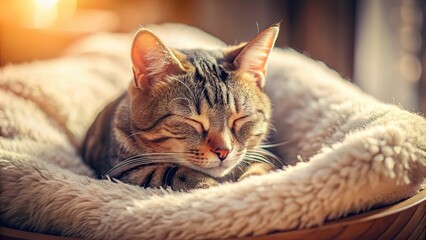 Peaceful image of a cat napping in a cozy spot , Cat, Napping, Sleeping, Tranquility, Cozy, Relaxation, Contentment, Feline, Pet
