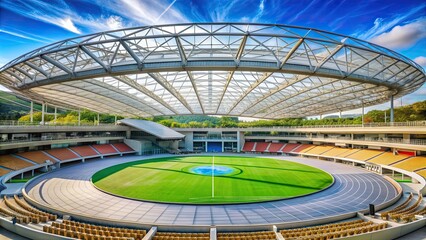 Fototapeta premium Modern sports stadium with circular roof and playgrounds , sports, stadium, modern, circular, roof, playground