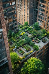 Urban Rooftop Garden Oasis in Modern Cityscape with Lush Greenery and Sustainable Design