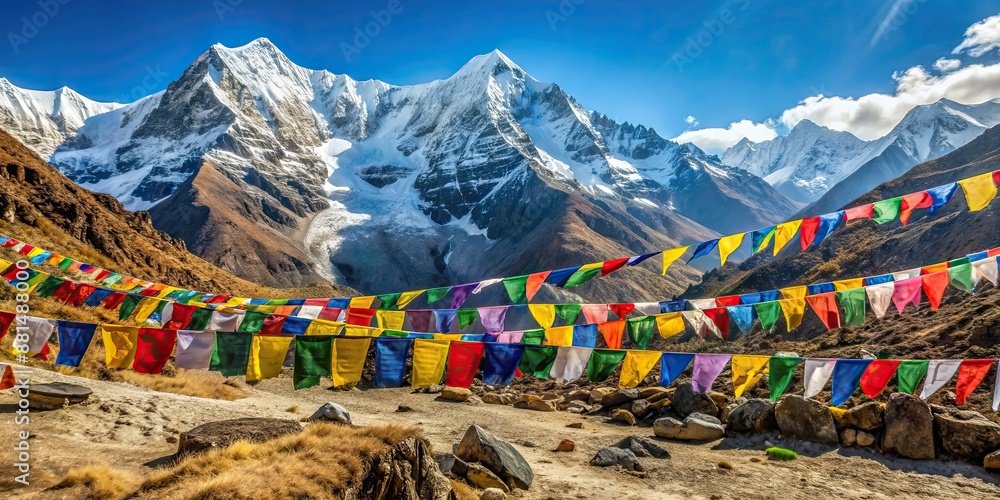 Poster Panoramic view of Annapurna Basecamp in Nepal with snow-capped mountains and colorful prayer flags, Annapurna