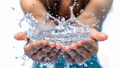 Fresh water splash with woman's hands on white background. Use water splash image for website banner or social media post.