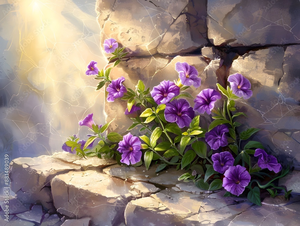 Poster Vibrant Petunias Blooming in Ancient Stone Ruins under Warm Sunlight