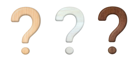 木でできた立体的なベージュと白色と茶色のはてなマークのセット