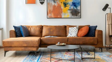 Real photo of a cozy brown corner sofa with decorative items