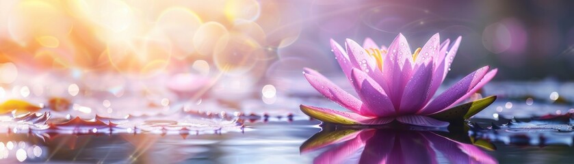 Fototapeta premium A serene and vibrant pink lotus flower floats gracefully on calm water against a bokeh-filled background, capturing peace and beauty.