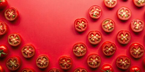 Fototapeta premium Ripe tomatoes slices arranged on a red background in a flat lay, ripe, tomatoes, slices, red, background, flat lay, fresh