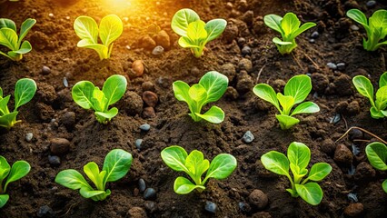 Lettuce sprouts growing in soil cells for agriculture, flat lay with film grain effect , agriculture, lettuce, sprouts, growth