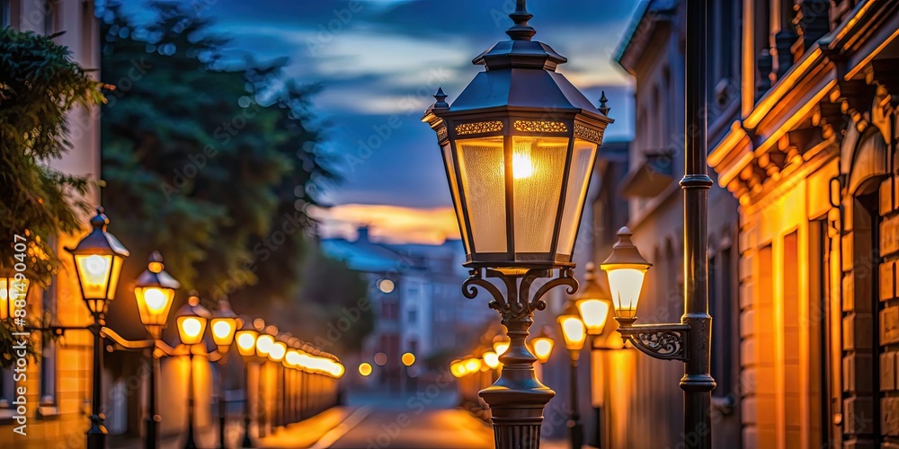 Sticker Street lamp illuminating a quiet evening street, street, lamp, evening, light, illuminated, urban, city, night