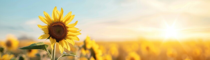 Naklejka premium A vibrant sunflower field in full bloom during sunset, with a clear sky and warm sunlight creating a golden hour ambiance.