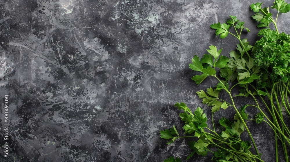 Poster grey stone background with parsley top view and space for text