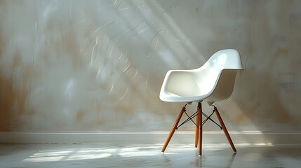 9. A minimalist image with a white background featuring a modern plastic chair, positioned in the center