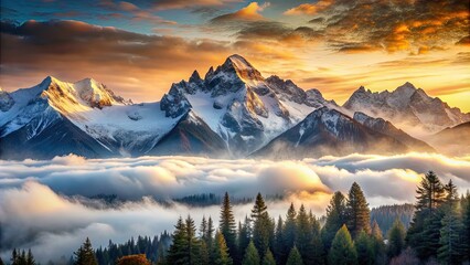 Majestic misty mountain landscape with snow-capped peaks , misty, mountain, landscape, snow-capped, peaks, majestic, nature