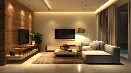 Stylish interior of modern living room with light walls