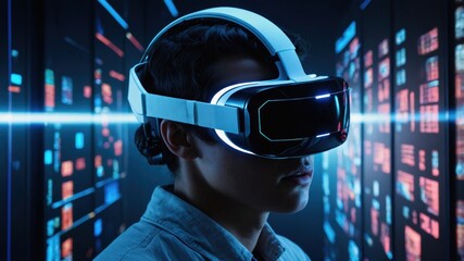 A man wearing a VR headset engages with a futuristic interface, experiencing advanced virtual reality technology in a digital environment.
