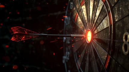 Dart target, with an arrow with a burn tip, arrow stuck in the center. Glowing target. Symbol of goal achievement and success