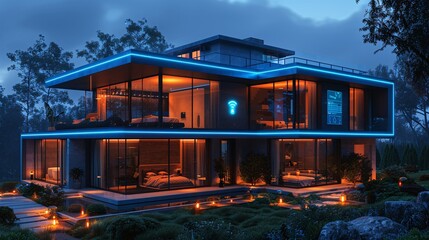 Obraz premium Bedroom in a digital smart home with holographic images for smart alarm, climate control, and virtual assistant notifications projected onto the walls