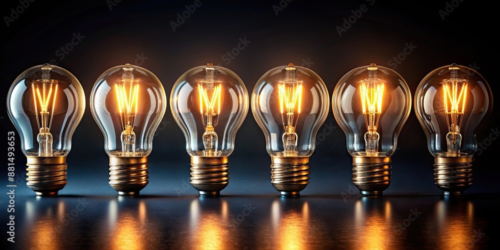 Wall mural Row of glowing light bulbs on dark background, illumination, bright, energy, idea, creativity, inspiration, innovation