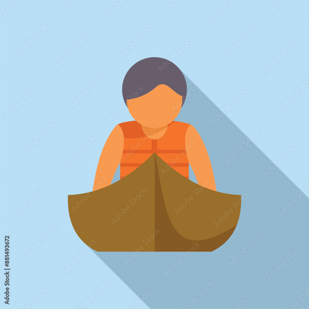 Poster Young boy wearing a life jacket is rowing a small boat