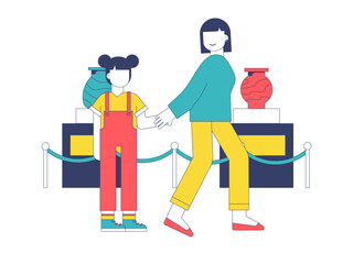 Female walking with her daughter in art gallery. Museum vector illustration