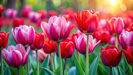 Vibrant red and pink tulips in full bloom, flowers, tulips, red, pink, vibrant, colorful, nature, garden, petals, spring