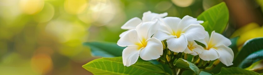 Fototapeta premium Beautiful white plumeria flowers with yellow centers in a lush green garden setting, perfect for nature and floral imagery.