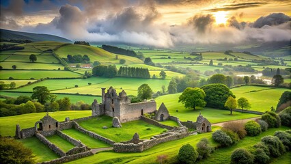 Tranquil Irish countryside with lush green landscape, ancient ruins, and mist , Ireland, countryside