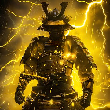 Electrifying samurai warrior in golden armor, standing amidst a storm with lightning bolts all around, exuding power and strength.