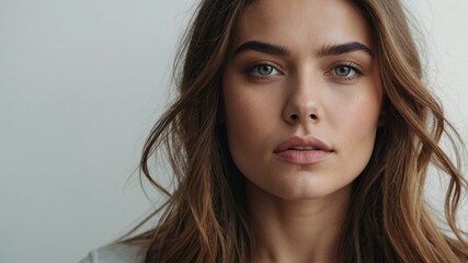 Fototapeta premium Close-up portrait of an elegant young woman with long wavy hair and captivating eyes, exuding natural beauty and confidence. 