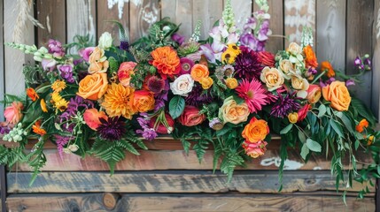 Fototapeta premium Vibrant floral arrangement on wood backdrop for a festive occasion