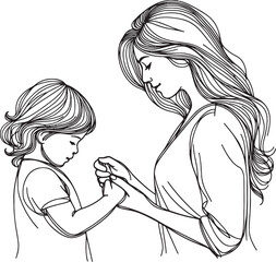 Single continuous line drawing of mothers or grandmothers with her daughter or granddaughter walk holding hands. Happy family parenting concept.