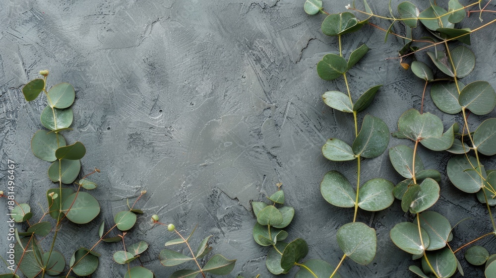Poster eucalyptus leaves on gray surface with branch pattern top view with space for text