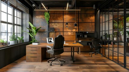 Industrial style office interior with dark walnut wood