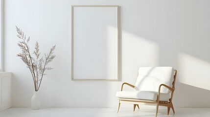 Blank picture frame mockup on white wall in living room