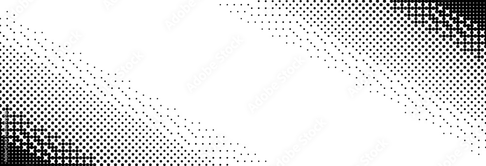 Aufkleber Pixelated bitmap slanted gradient texture. Oblique dither diagonal pattern background. 8 bit video game screen wallpaper. Retro glitchy pixel art illustration. Abstract vector wide dithering border