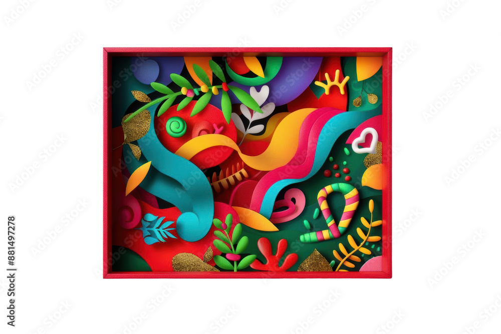 Poster abstract colorful shapes and patterns inside a red frame, creating a vibrant and playful design.